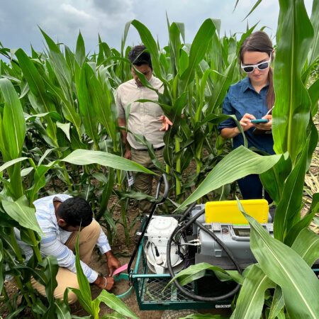 Researchers in farm field